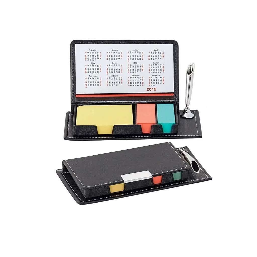 Black leather desktop calendar set with 2015 calendar, colorful sticky notes, and silver pen, shown open and closed