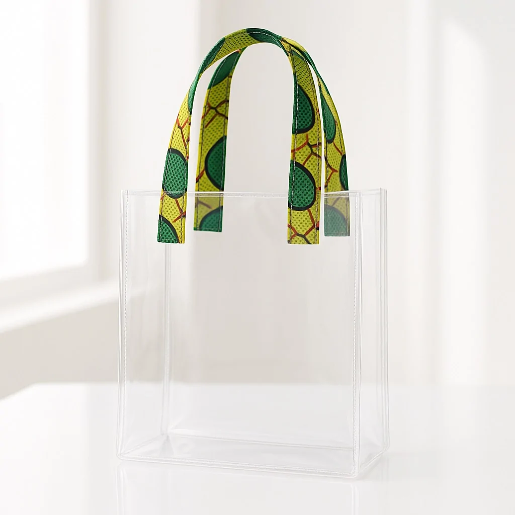 Transparent acrylic tote bag with green and yellow Ankara print handles. Transparent wedding souvenir bags Nigeria.