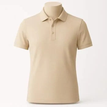 Customizable men’s polo shirt in cream beige with pointed collar and four-button placket.