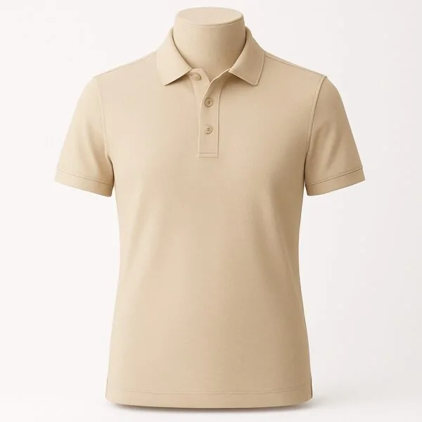 Customizable men’s polo shirt in cream beige with pointed collar and four-button placket.