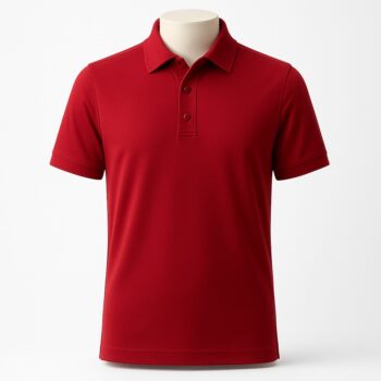 Customizable men’s polo shirt in vibrant crimson red with pointed collar and three-button placket.