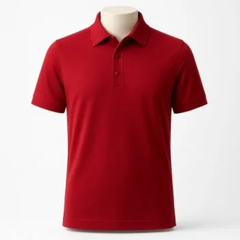 Customizable men’s polo shirt in vibrant crimson red with pointed collar and three-button placket.
