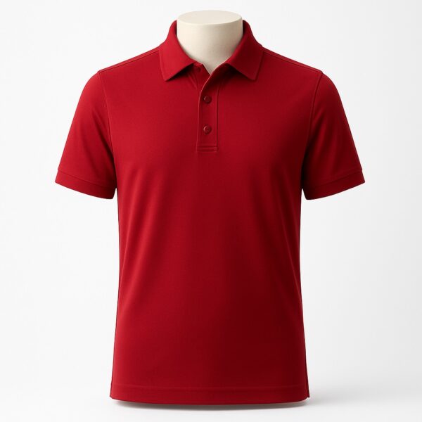 Customizable men’s polo shirt in vibrant crimson red with pointed collar and three-button placket.