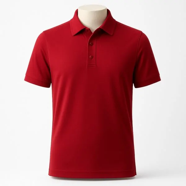 Customizable men’s polo shirt in vibrant crimson red with pointed collar and three-button placket.