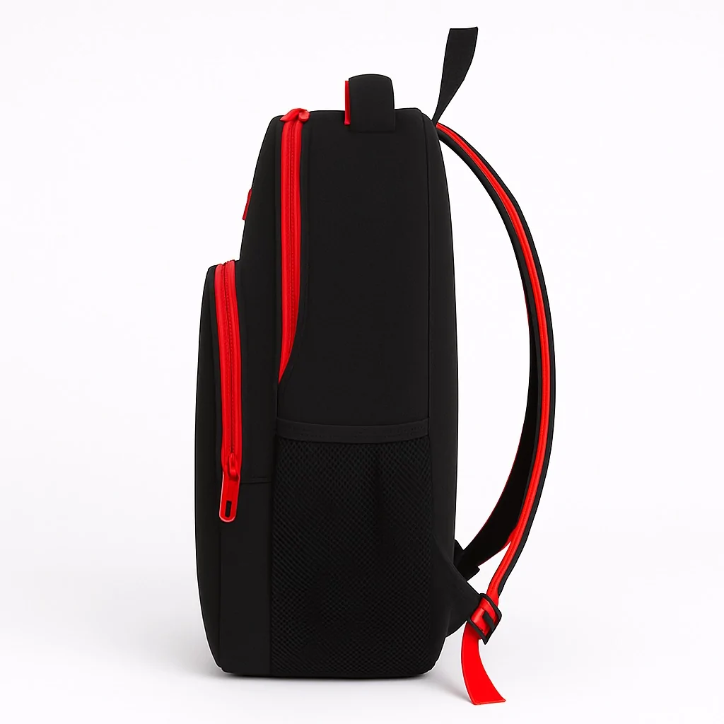 Rear view of a black school backpack showing adjustable red shoulder straps, back panel, and sturdy stitching, ideal for daily academic use.