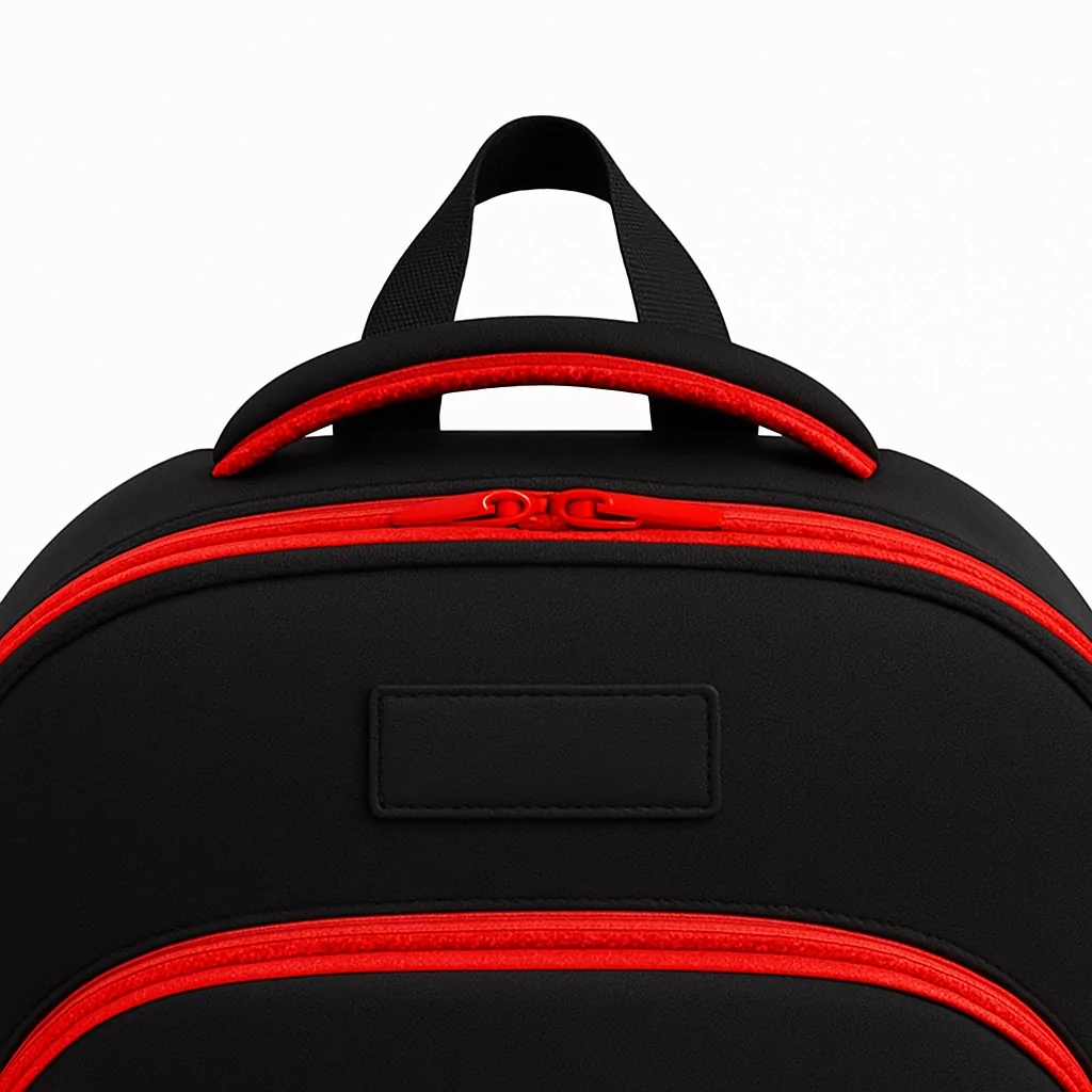 Close-up of the top handle and zipper section of a durable black customizable school backpack with red trim, showing reinforced stitching and double zipper design.