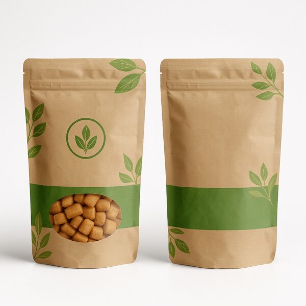 Brown kraft pouch with green leaf design – resealable stand-up pouch with transparent oval window showing Chin Chin snacks, decorated with green leaves and eco-friendly design elements.