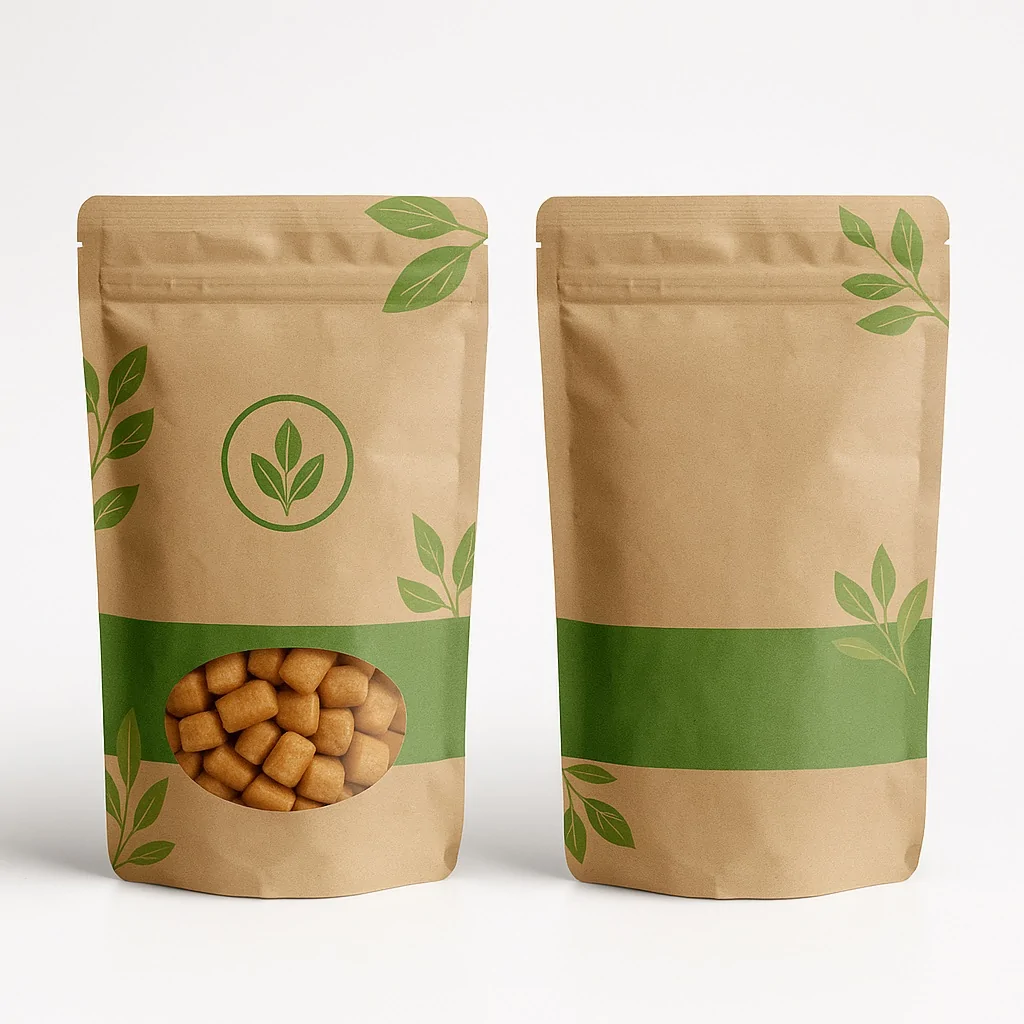 Brown kraft pouch with green leaf design – resealable stand-up pouch with transparent oval window showing Chin Chin snacks, decorated with green leaves and eco-friendly design elements.