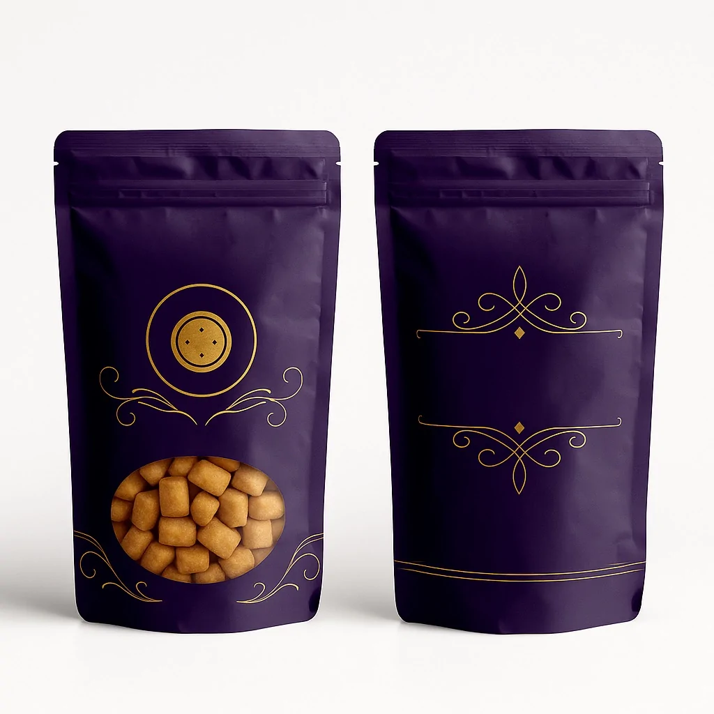 Purple pouch with gold ornate design – elegant stand-up pouch with transparent oval window revealing Chin Chin snacks, decorated with intricate gold flourishes and a circular emblem.