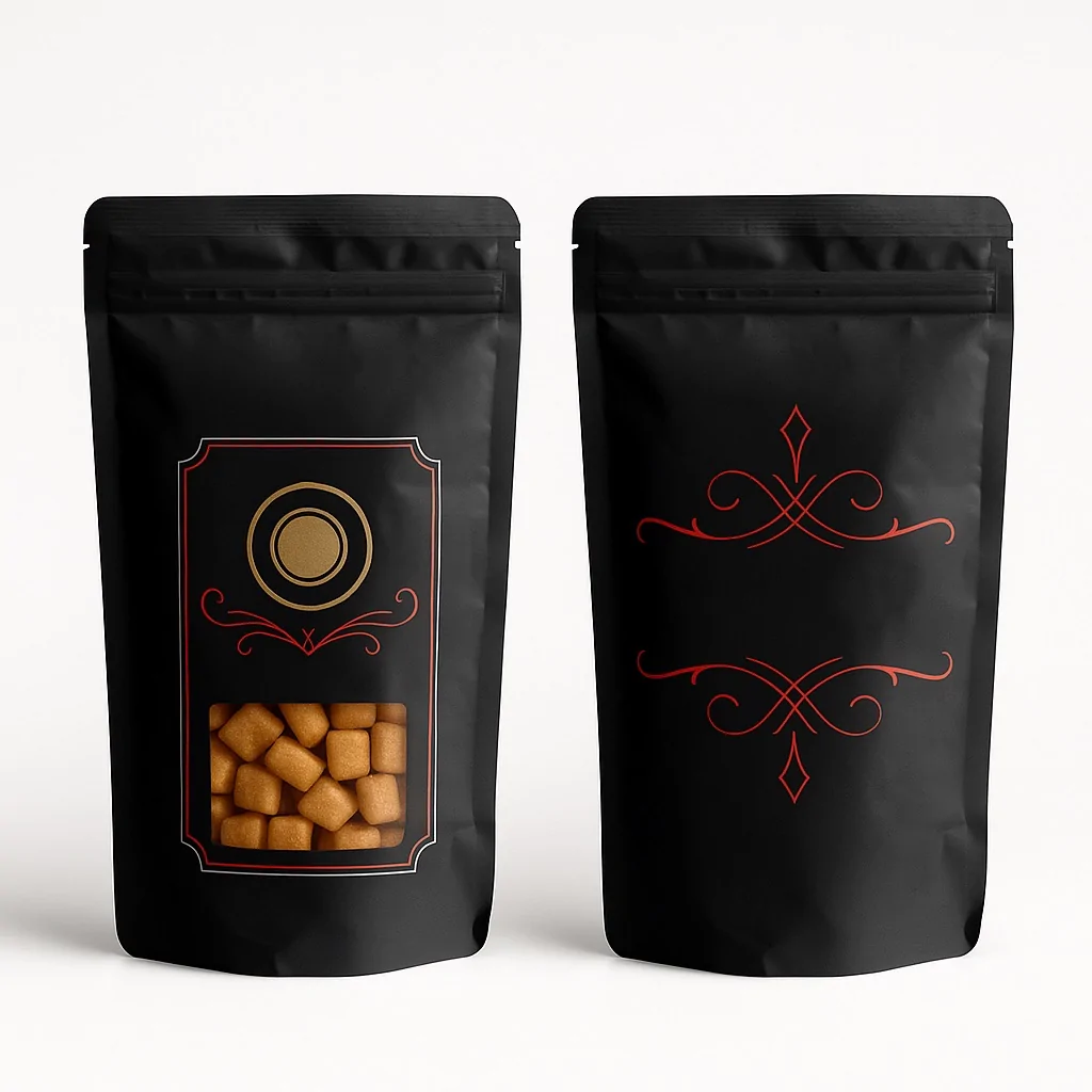 Black pouch with red and gold vintage design – premium stand-up pouch with a rectangular label frame, transparent window displaying Chin Chin snacks, accented with red and gold ornate details.