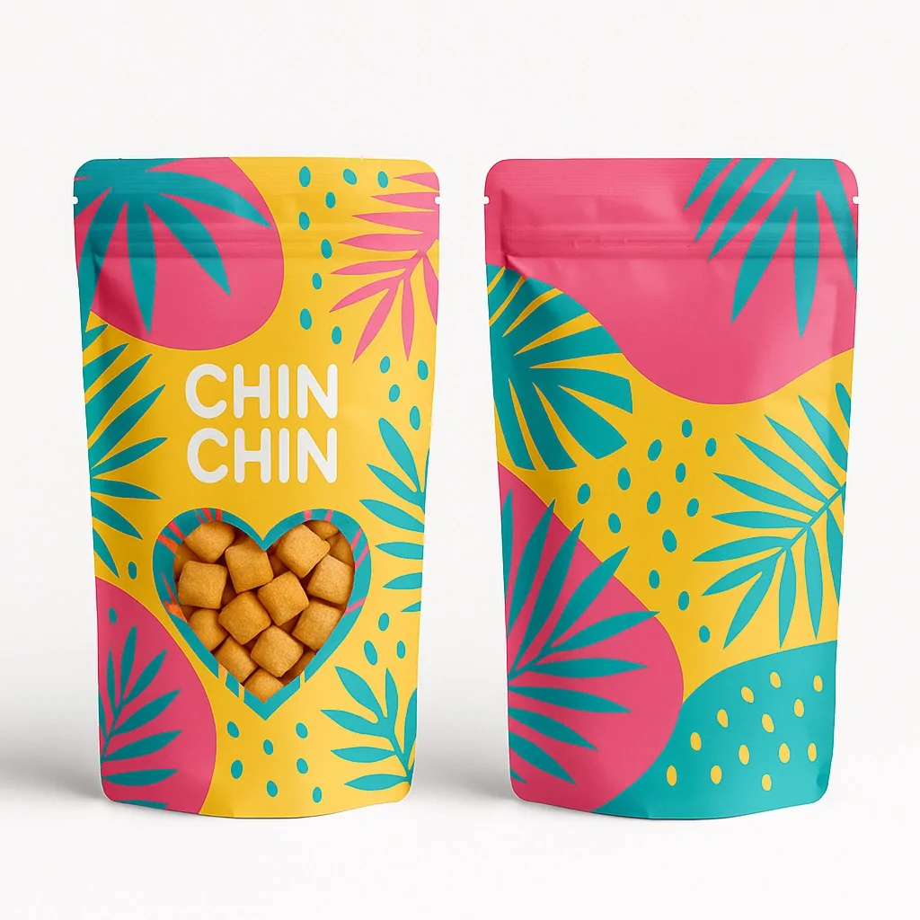 Tropical-themed pouch with heart-shaped window – vibrant yellow, pink, and teal stand-up pouch featuring palm leaf graphics, “CHIN CHIN” text, and heart-shaped window revealing snacks.