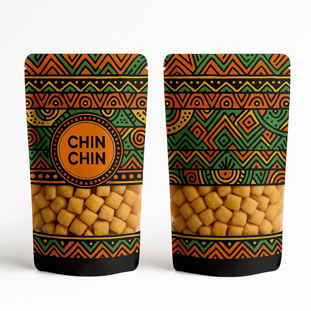 African print patterned pouch – colorful geometric tribal design in orange, green, and black, stand-up pouch with wide transparent section displaying Chin Chin snacks.