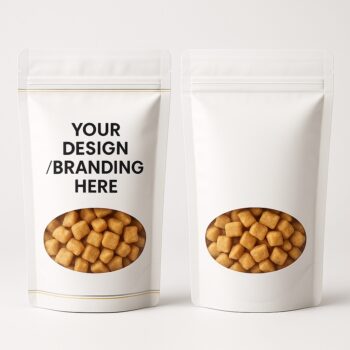 Plain white customizable pouch – blank stand-up pouch with placeholder text “Your Design/Branding Here” and large oval transparent window revealing Chin Chin snacks.