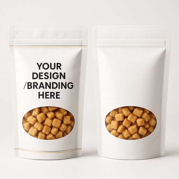 Plain white customizable pouch – blank stand-up pouch with placeholder text “Your Design/Branding Here” and large oval transparent window revealing Chin Chin snacks.