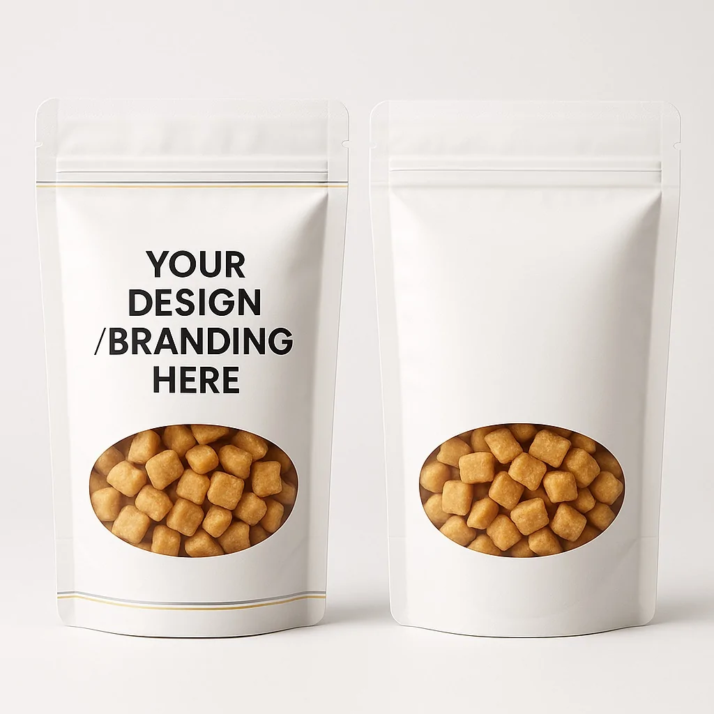 Top Souvenir Gift Items Under ₦10,000 in Nigeria – Affordable & Unique Picks 8 Plain white customizable pouch – blank stand-up pouch with placeholder text “Your Design/Branding Here” and large oval transparent window revealing Chin Chin snacks.