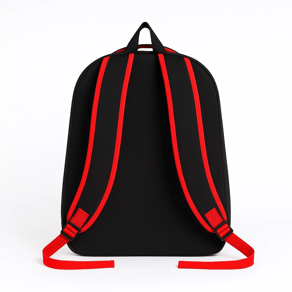 Rear view of a black customizable school backpack showing adjustable red shoulder straps, back panel, and sturdy stitching, ideal for daily academic use.