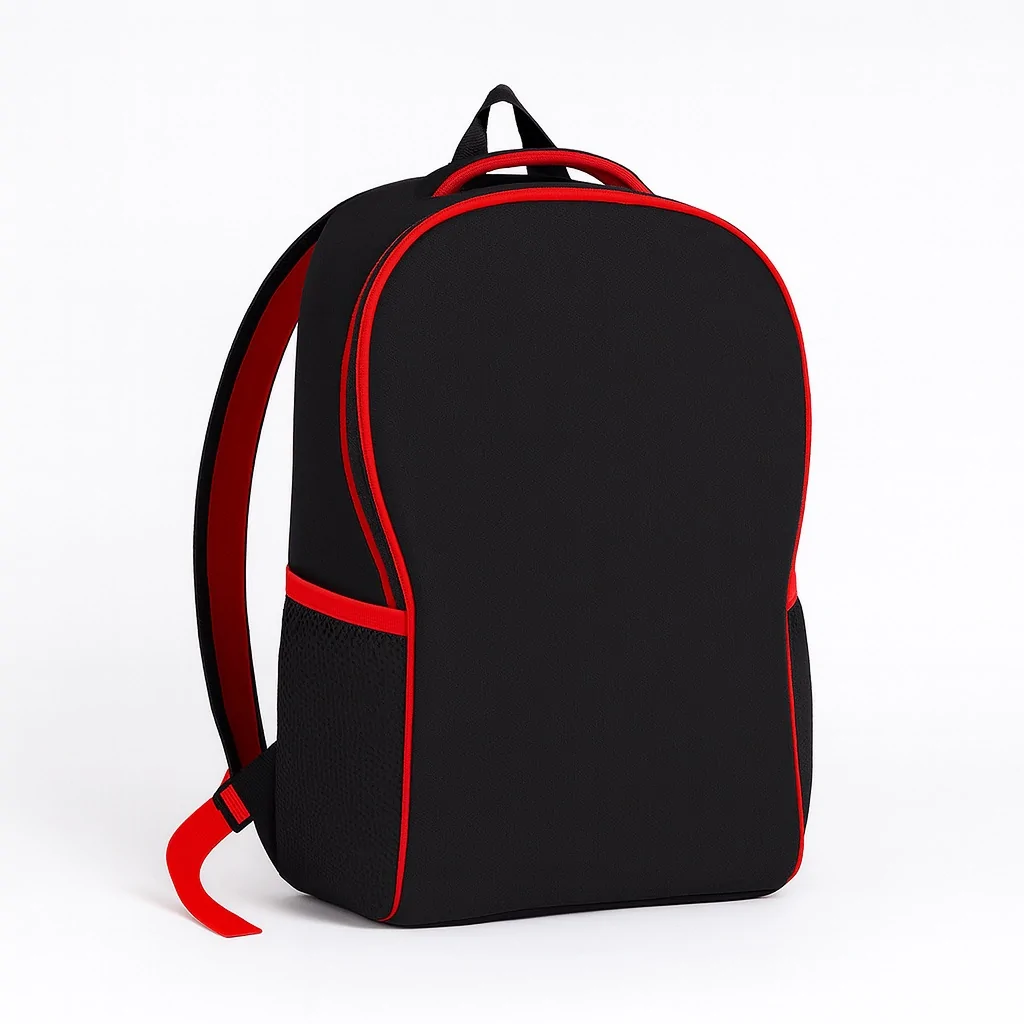 Front view of a black customizable conference backpack with "World Conference of Banking Institutes (WCBI)" logo and green globe graphic on the front panel, suitable for school or event use.