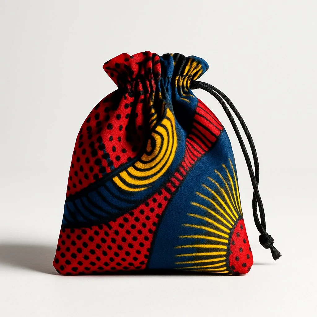 Colorful Ankara drawstring pouch. Cheap fanciful souvenir bags for weddings.