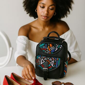African female model with natural curls sitting at a white vanity table, selecting accessories beside a black Ankara print backpack, red bow flats, and sunglasses.