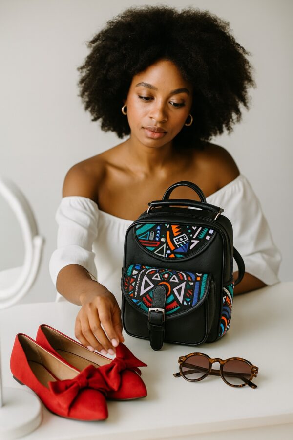 African female model with natural curls sitting at a white vanity table, selecting accessories beside a black Ankara print backpack, red bow flats, and sunglasses.