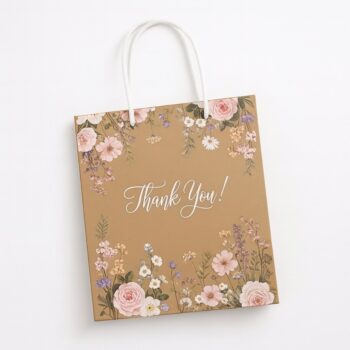 Kraft paper gift bag with floral design and "Thank You" text, perfect gift bags for souvenirs, weddings, fanciful.