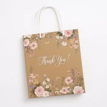 Kraft paper gift bag with floral design and "Thank You" text, perfect gift bags for souvenirs, weddings, fanciful.