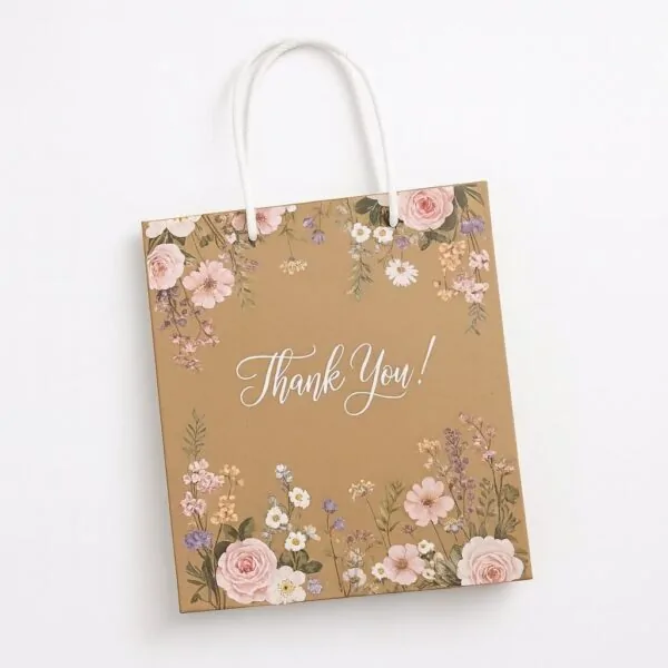 Kraft paper gift bag with floral design and "Thank You" text, perfect gift bags for souvenirs, weddings, fanciful.