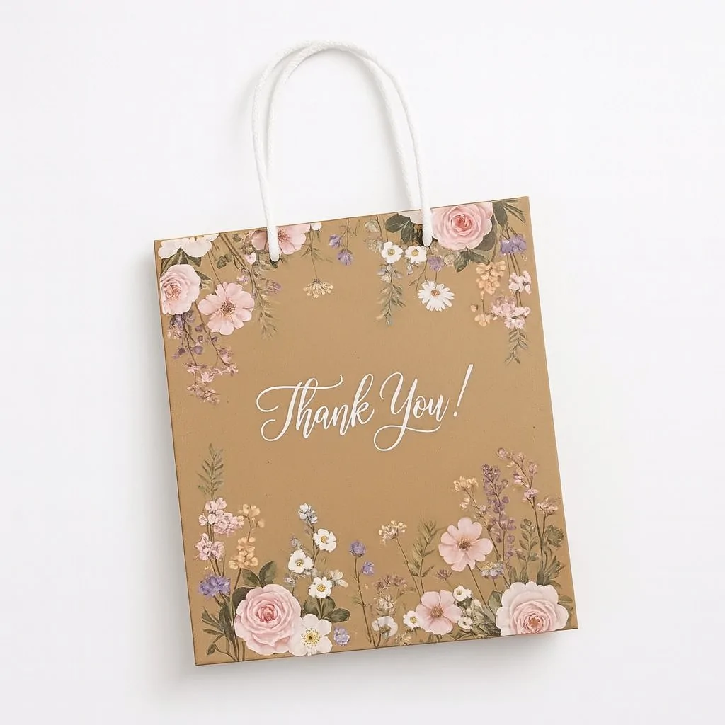 Kraft paper gift bag with floral design and "Thank You" text, perfect gift bags for souvenirs, weddings, fanciful.