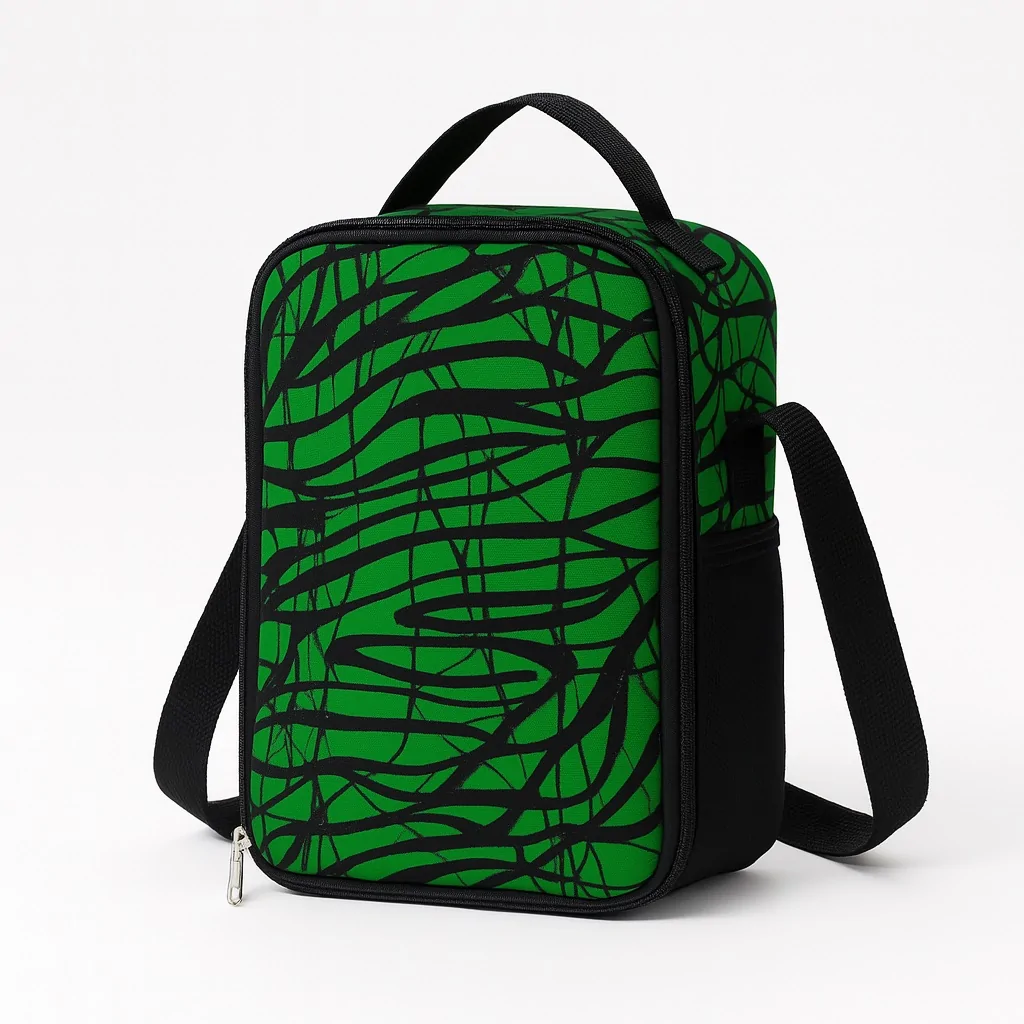 Black lunch bag with bold white abstract patterns and gold zipper.