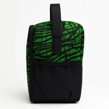 Blue lunch bag with orange and white traditional patterns and gold zipper.