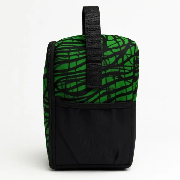 Blue lunch bag with orange and white traditional patterns and gold zipper.
