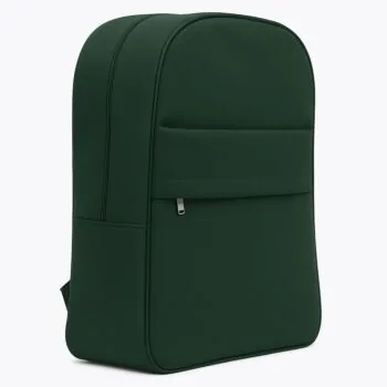 Deep green customizable backpack shown at a side angle with front zip pocket.