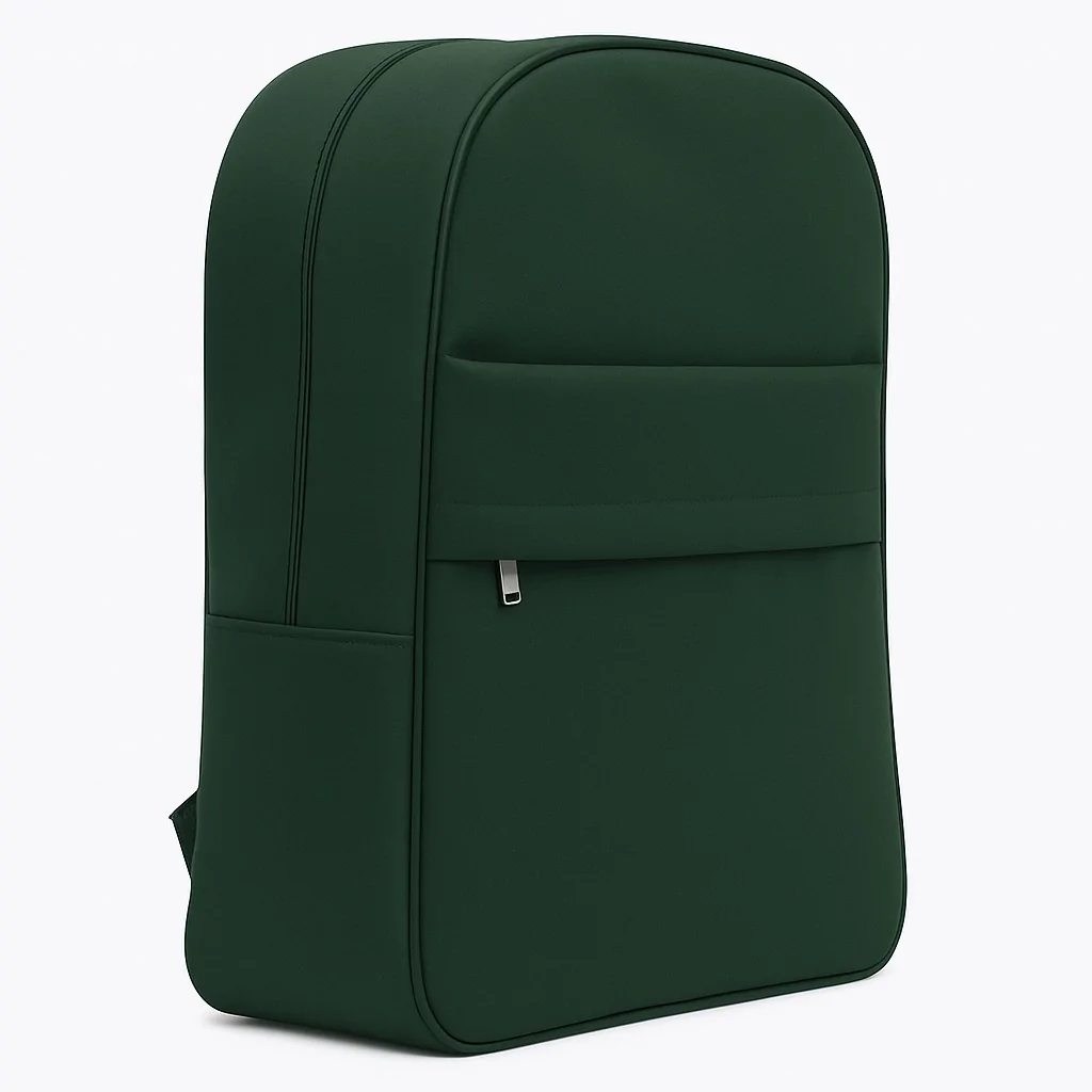 Deep green customizable backpack shown at a side angle with front zip pocket.