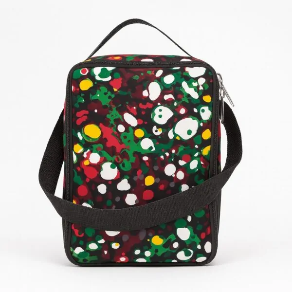 Black lunch bag with vibrant pink, yellow, and green geometric African print.