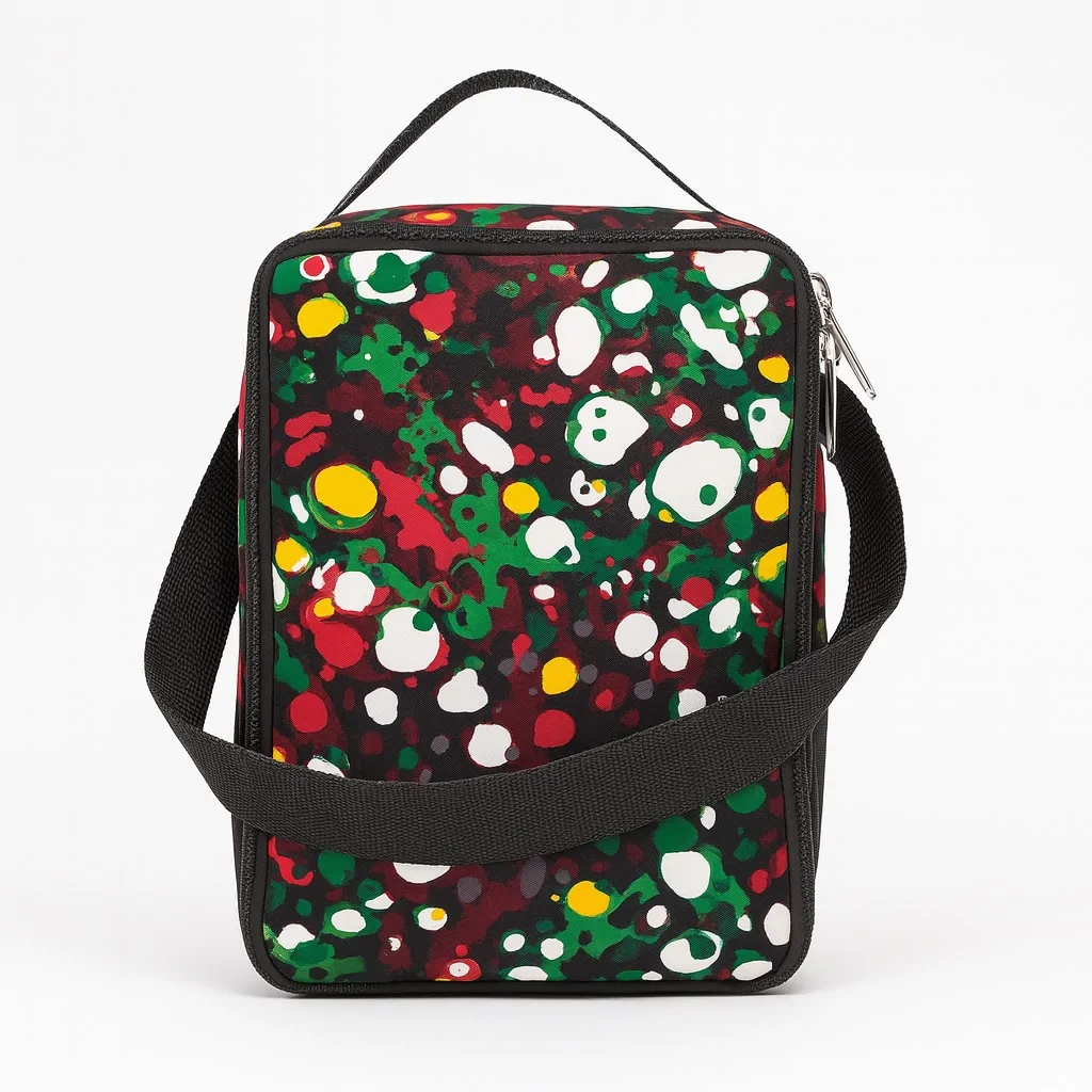 Black lunch bag with vibrant pink, yellow, and green geometric African print.
