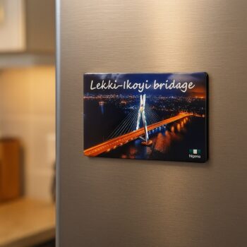 Vibrant Lekki-Ikoyi bridge Lagos, Nigeria magnet, souvenir/keepsakes placed on a fridge.
