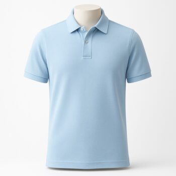 Customizable men’s polo shirt in pastel light blue with pointed collar and three-button placket.