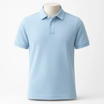 Customizable men’s polo shirt in pastel light blue with pointed collar and three-button placket.