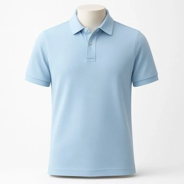 Customizable men’s polo shirt in pastel light blue with pointed collar and three-button placket.
