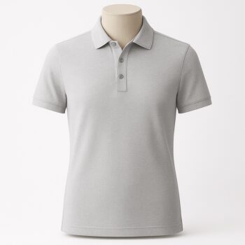 Customizable men’s polo shirt in soft light grey with pointed collar and four-button placket.
