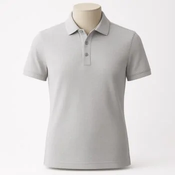 Customizable men’s polo shirt in soft light grey with pointed collar and four-button placket.