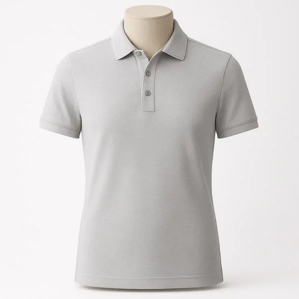 Customizable men’s polo shirt in soft light grey with pointed collar and four-button placket.