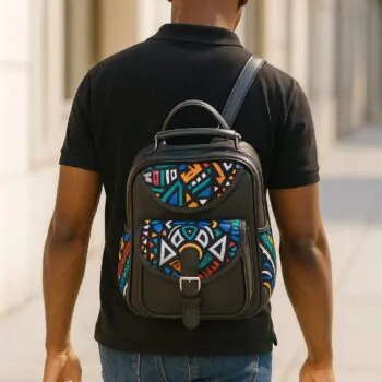 man wearing ankara backpack street style