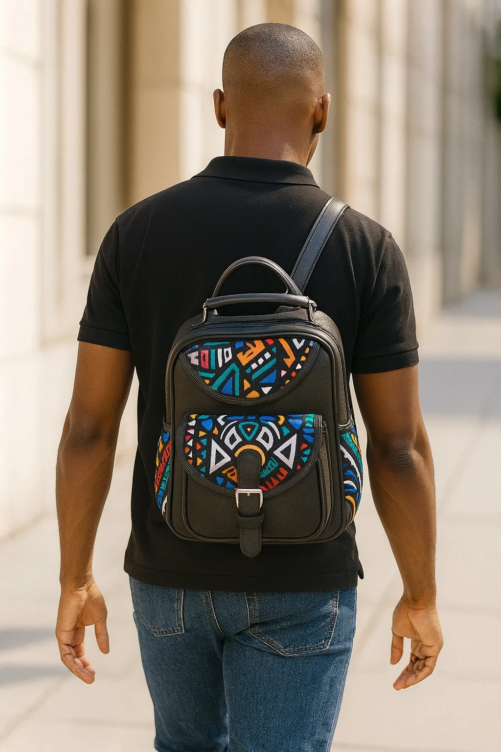 man wearing ankara backpack street style
