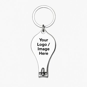 Product image of a shiny silver metal nail cutter keychain with placeholder text "Your Logo / Image Here" on the front