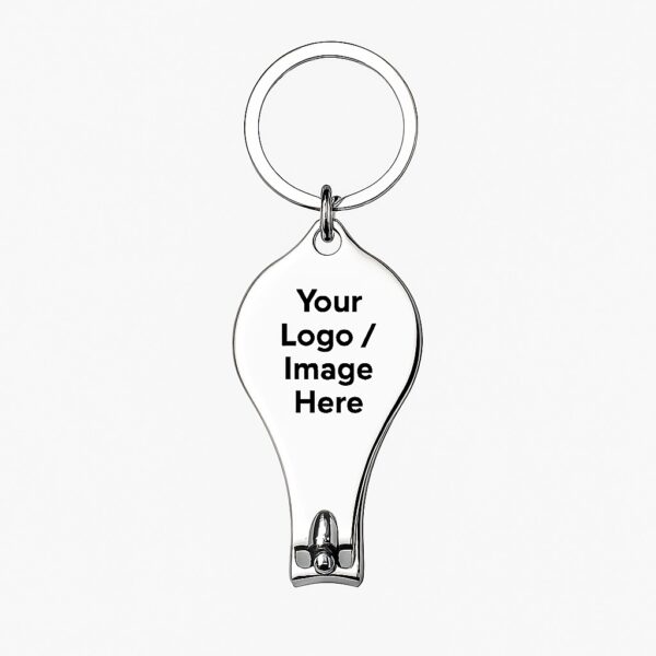 Product image of a shiny silver metal nail cutter keychain with placeholder text "Your Logo / Image Here" on the front