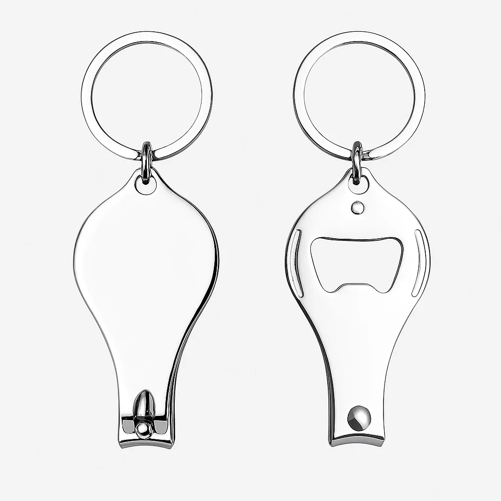 Product photo showing the front and back views of a shiny silver metal nail cutter keychain with built-in bottle opener feature.