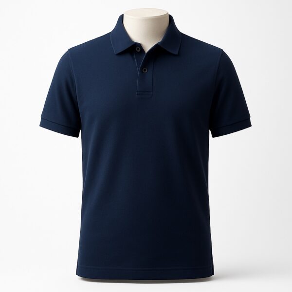 Customizable men’s polo shirt in vivid royal blue with pointed collar and three-button placket.