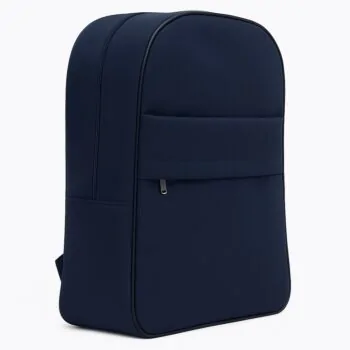 Navy blue customizable school backpack with a simple and clean silhouette, side view.