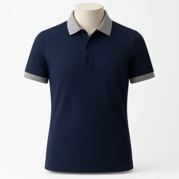Customizable men’s slim-fit polo shirt in navy blue with contrasting light grey collar and sleeve cuffs.